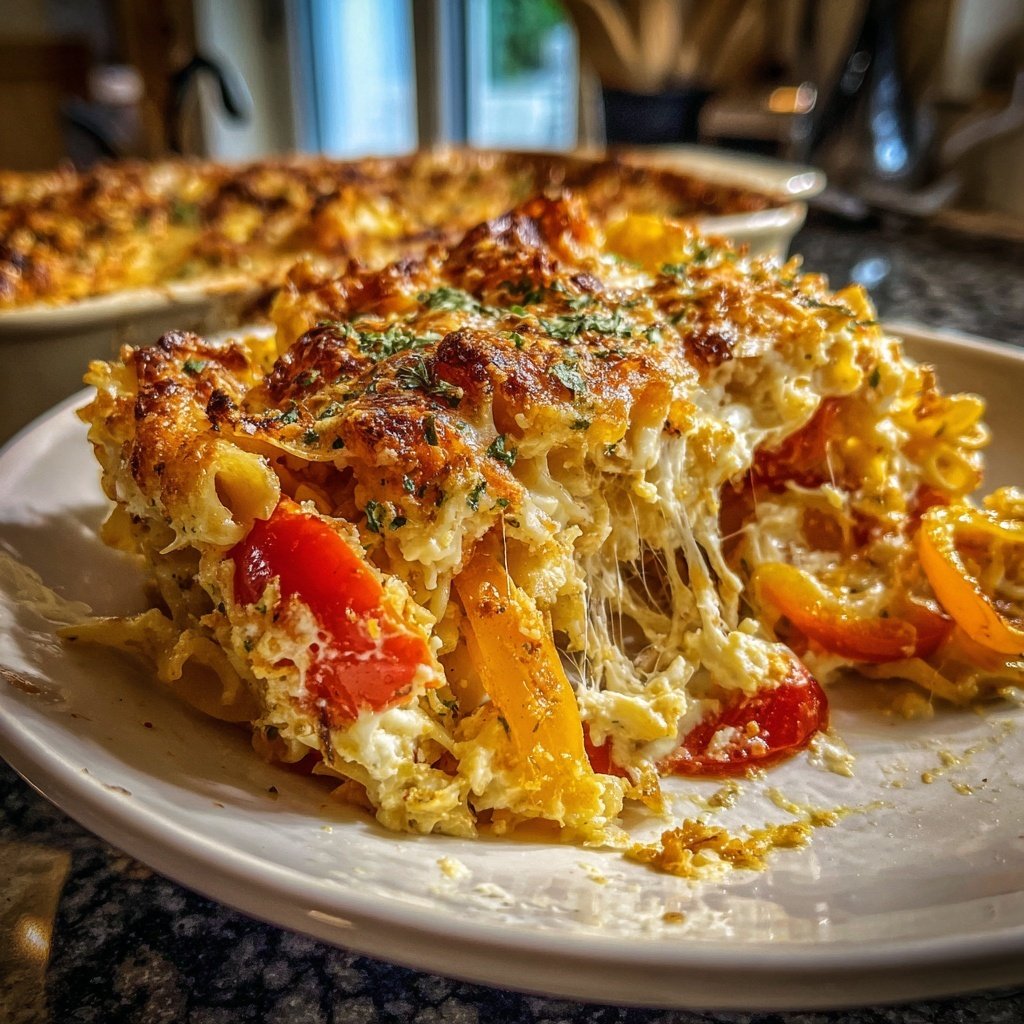 Nudelauflauf mit Paprika und Feta