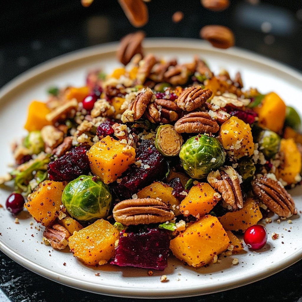 Wintersalat mit Butternutkürbis, Rosenkohl, Cranberries, Pekannüssen und Roter Bete